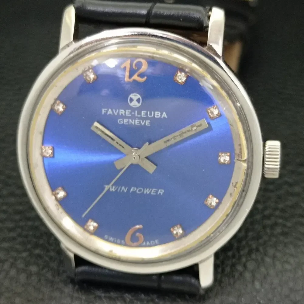 Vintage 1965 Favre Leuba Twin Power Manual Mens Silver Watch W/Leather Strap
